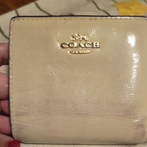 Coach Patent Leather Compact Wallet in Light Beige with Gold Logo